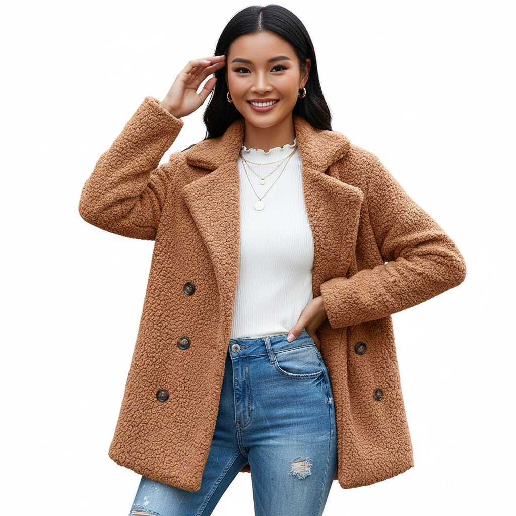 Women's Two-Way Teddy Lapel Coat with Button Front - Brown