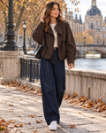 Women's Elastic-Waist Cropped Trench Jacket in Light Cotton Blend - Brown