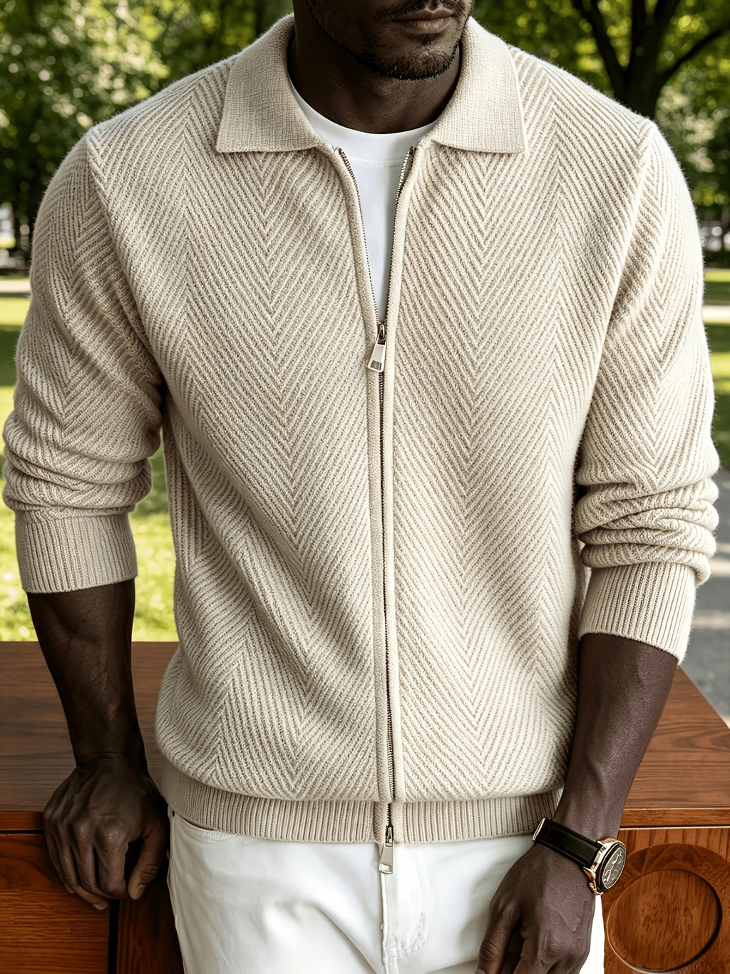 Men's Zip-Up Chevron Cardigan Sweater with Collared Neck