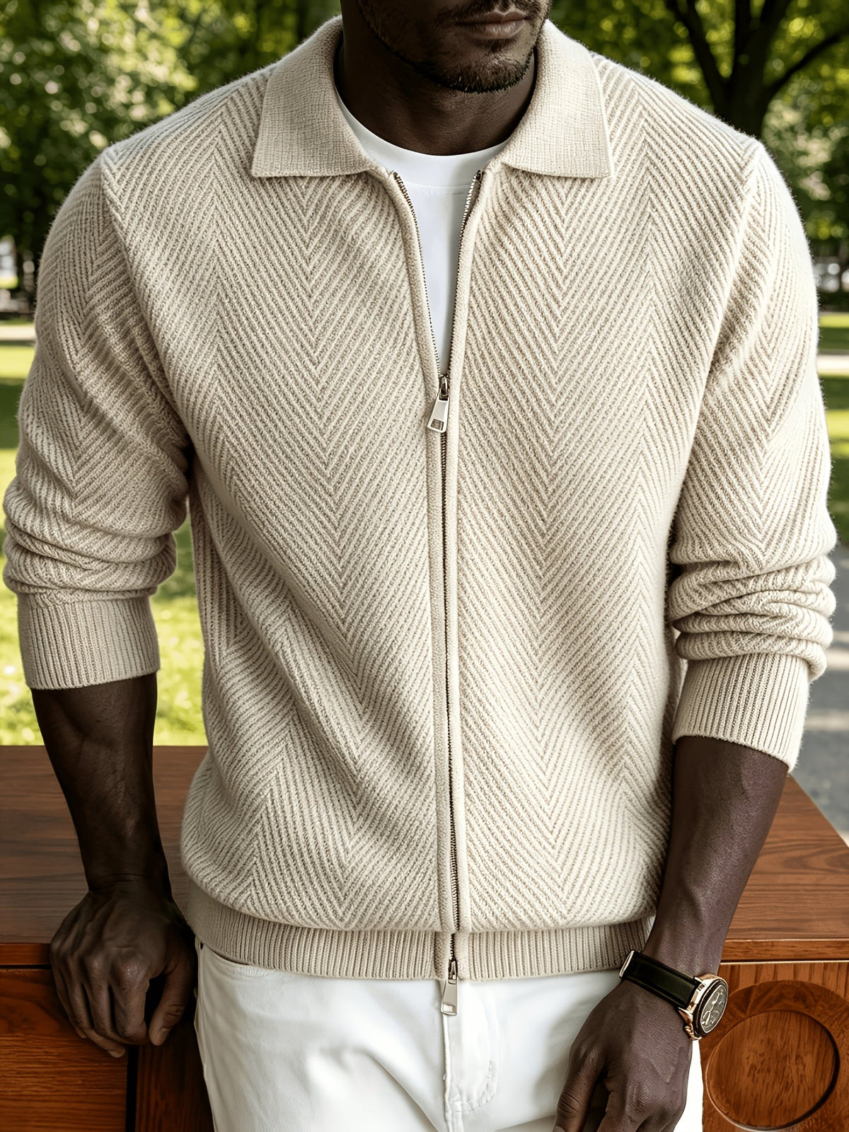 Men's Zip-Up Chevron Cardigan Sweater with Collared Neck