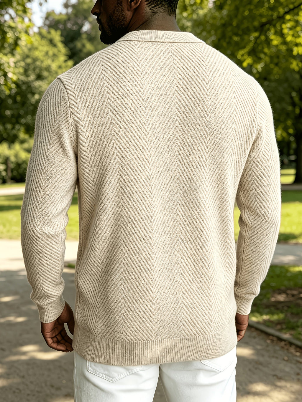 Men's Zip-Up Chevron Cardigan Sweater with Collared Neck