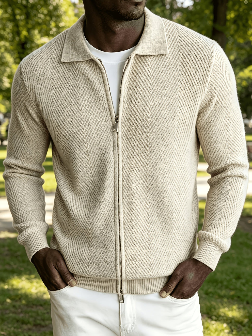 Men's Zip-Up Chevron Cardigan Sweater with Collared Neck - Apricot