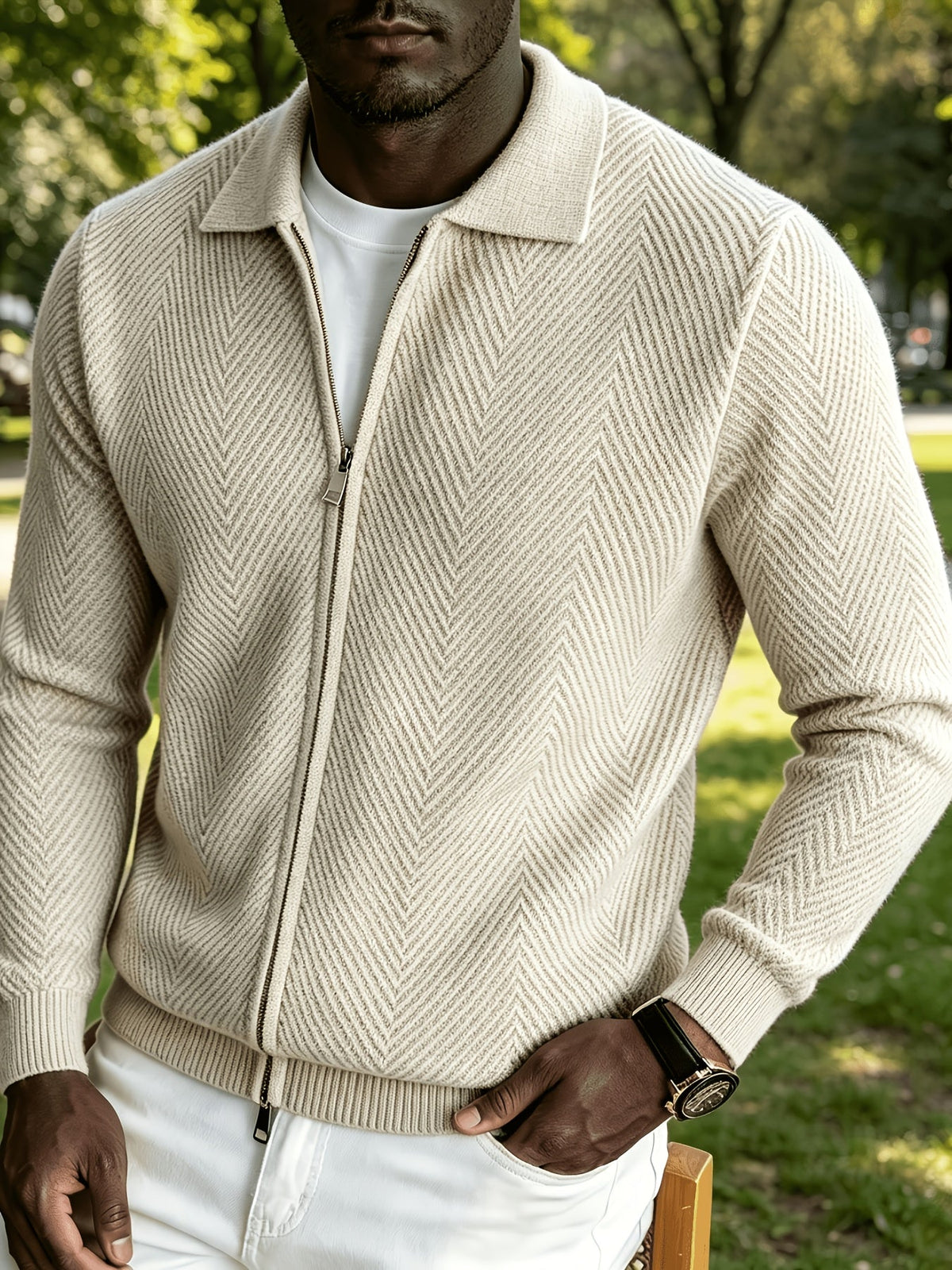 Men's Zip-Up Chevron Cardigan Sweater with Collared Neck