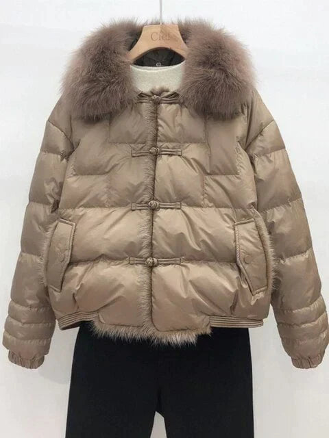 Women's Relaxed Winter Puffer with Toggle Closures and Plush Collar - Beige