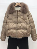 Women's Relaxed Winter Puffer with Toggle Closures and Plush Collar - Beige