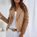 Women's Fitted Faux Suede Moto Jacket with Off-Center Zip - Khaki