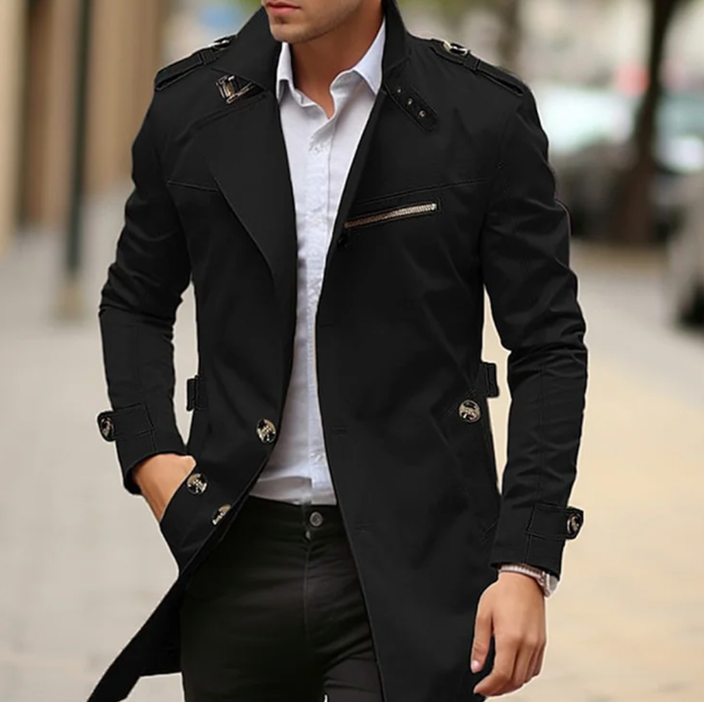 Men's Epaulette Trench Coat with Zipped Chest Pocket and Cuff Straps - Black