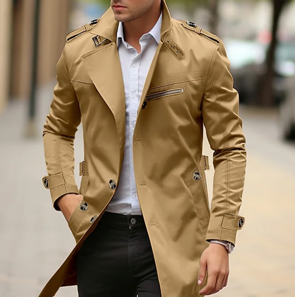 Men's Epaulette Trench Coat with Zipped Chest Pocket and Cuff Straps - Khaki