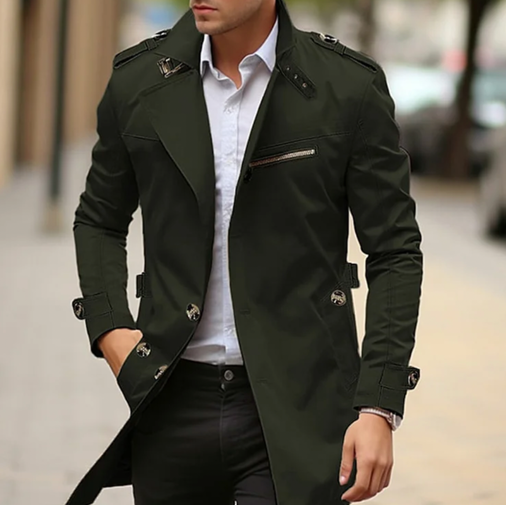 Men's Epaulette Trench Coat with Zipped Chest Pocket and Cuff Straps - Olive Green