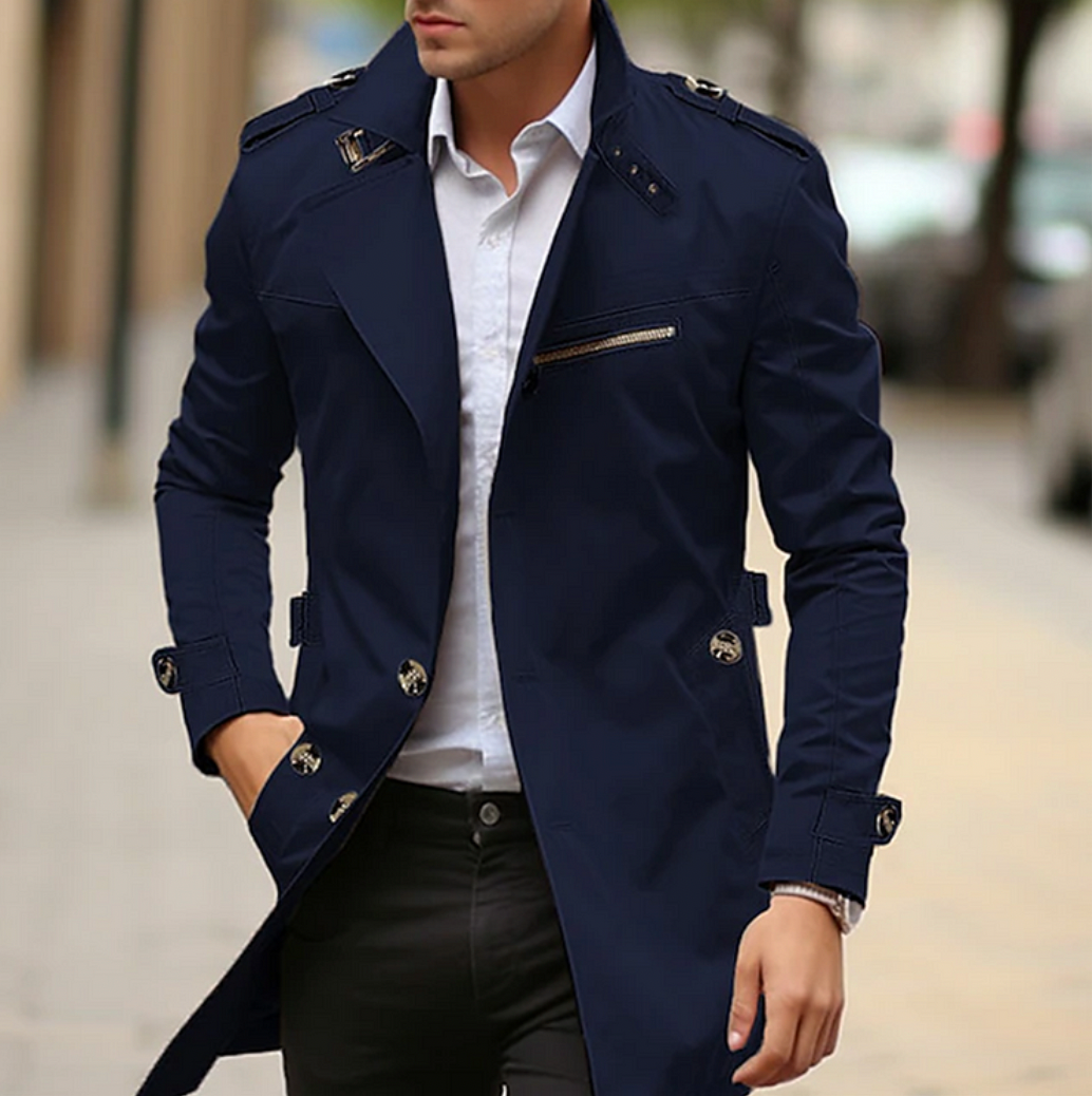 Men's Epaulette Trench Coat with Zipped Chest Pocket and Cuff Straps - Navy Blue