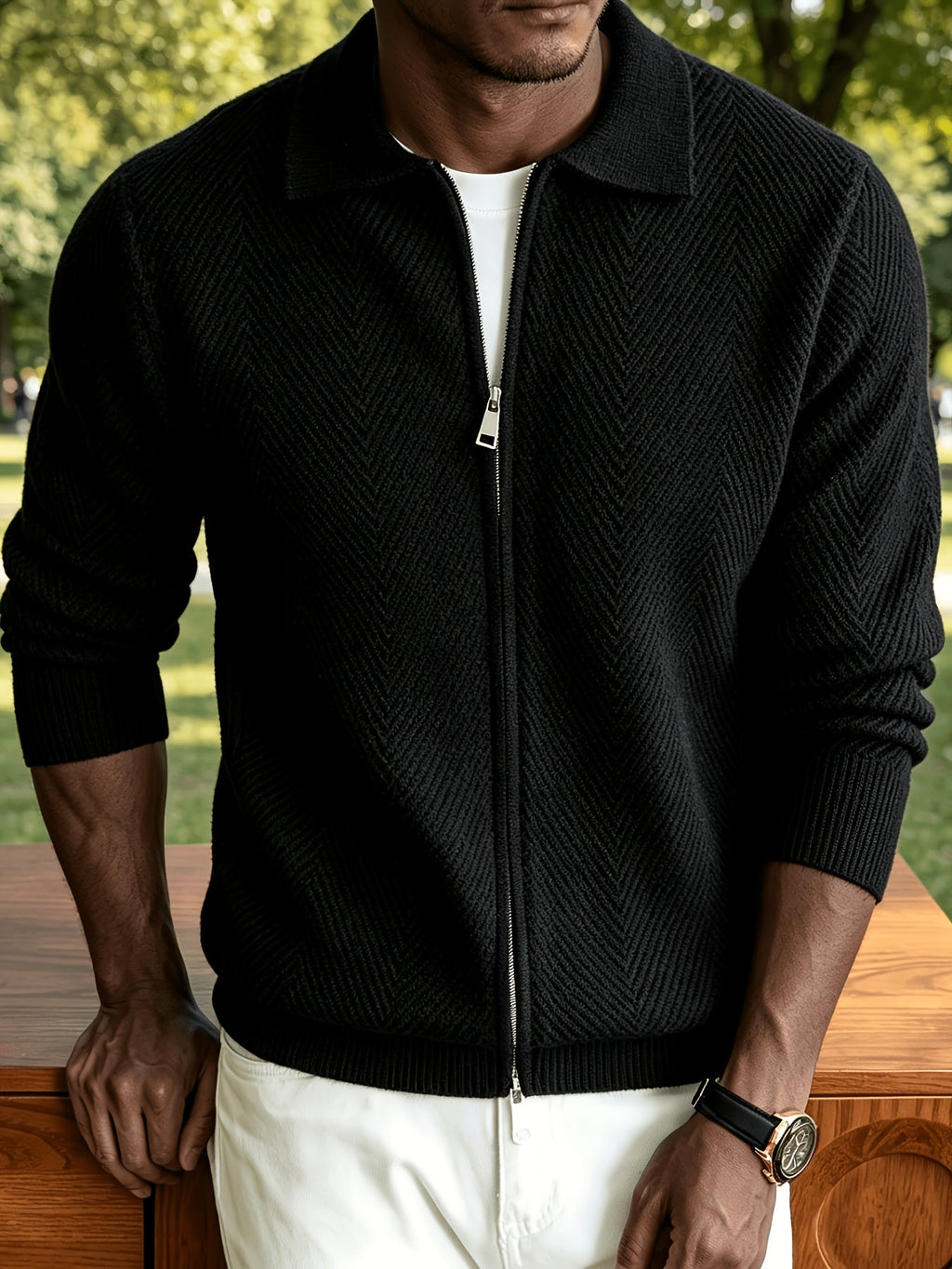 Men's Zip-Up Chevron Cardigan Sweater with Collared Neck