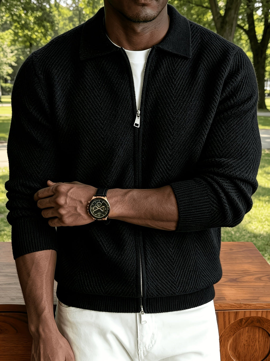 Men's Zip-Up Chevron Cardigan Sweater with Collared Neck