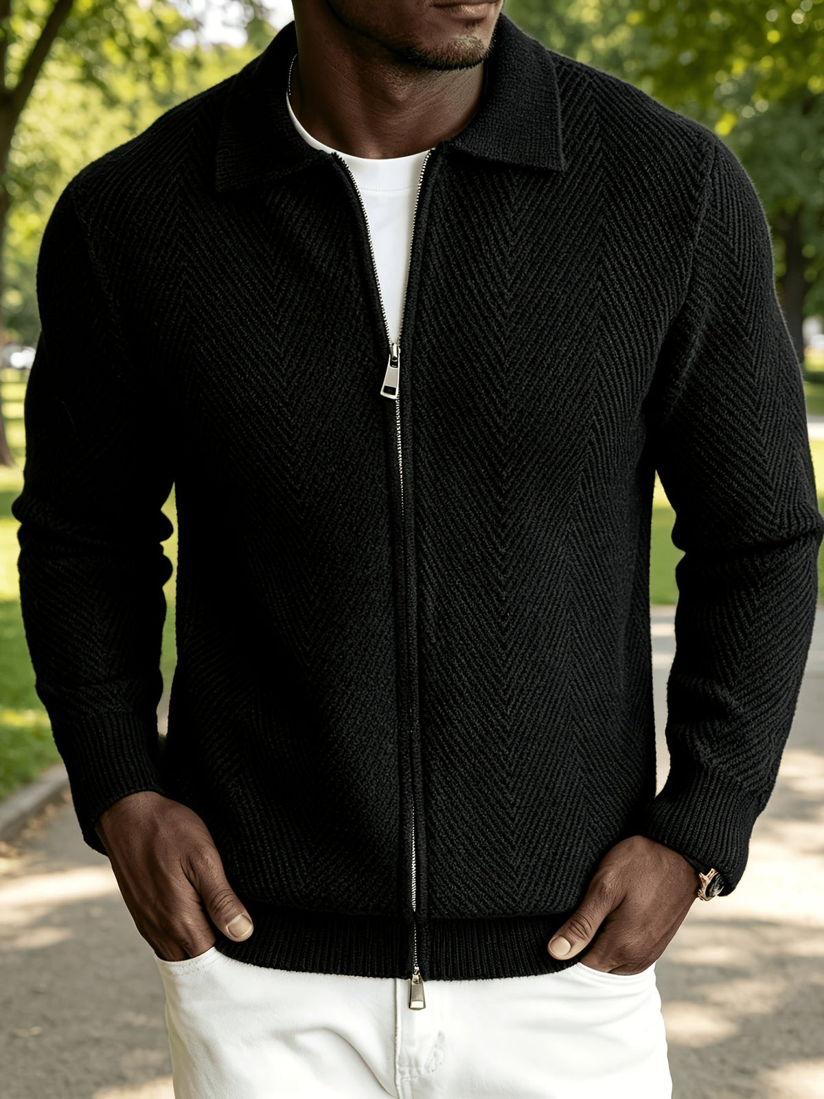 Men's Zip-Up Chevron Cardigan Sweater with Collared Neck