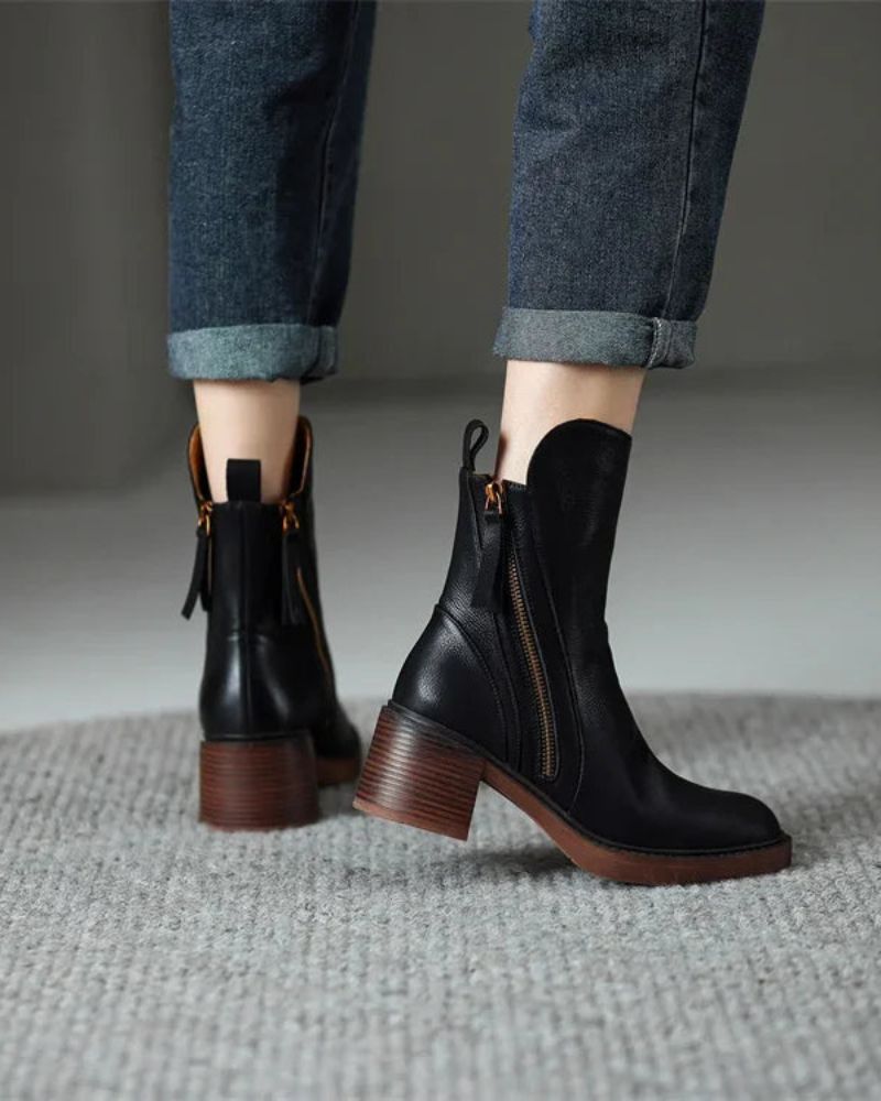 Women's Natural Leather Booties with Square Block Heel and Round Toe