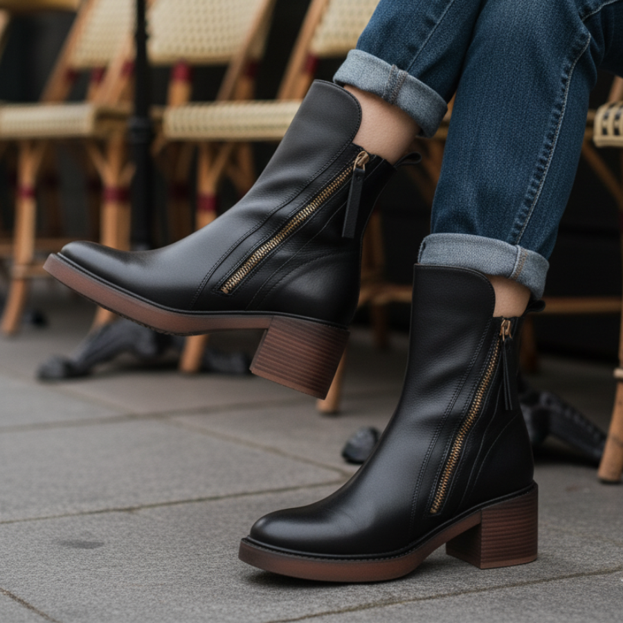 Women's Natural Leather Booties with Square Block Heel and Round Toe