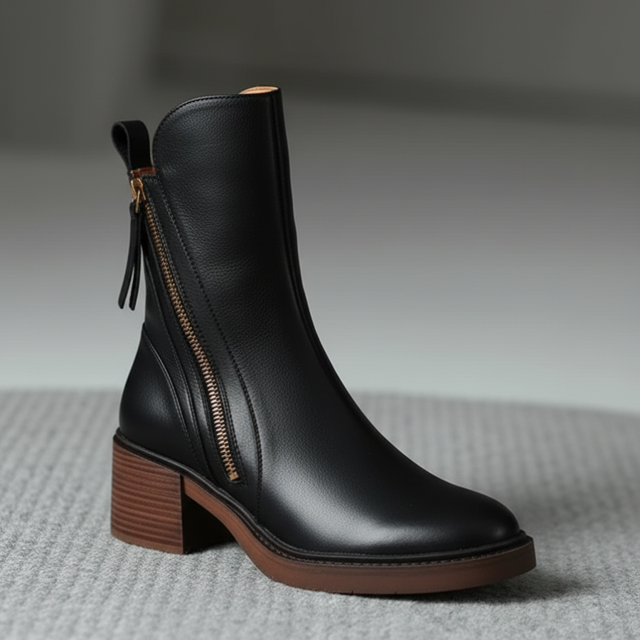 Women's Natural Leather Booties with Square Block Heel and Round Toe