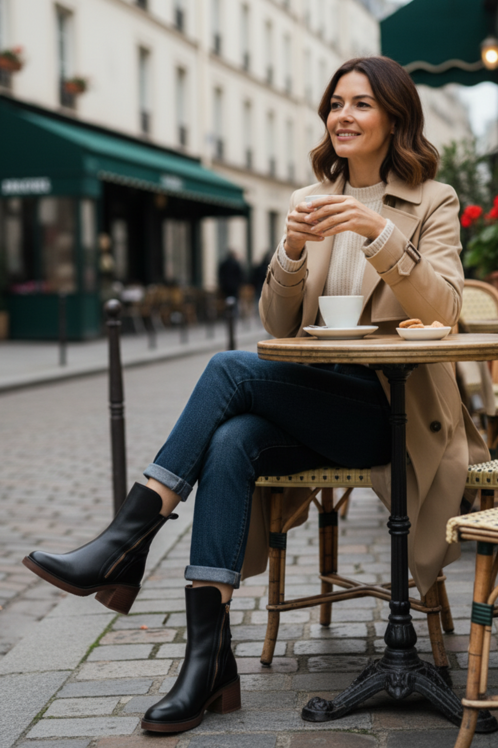 Women's Natural Leather Booties with Square Block Heel and Round Toe