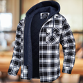 Men's Plaid Shirt-Collar Overshirt with Quilted Lining and Hood - Black