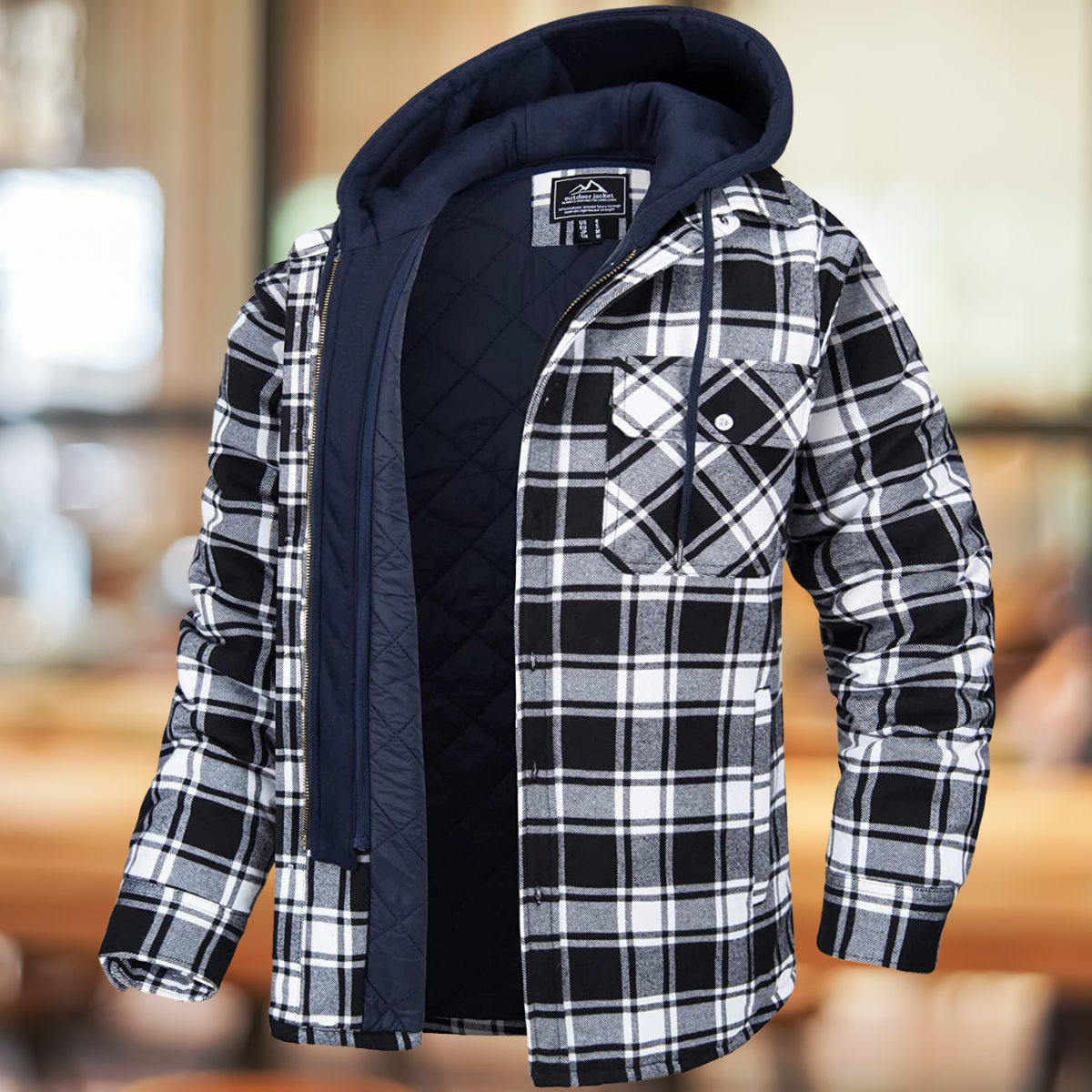 Men's Plaid Shirt-Collar Overshirt with Quilted Lining and Hood - Black