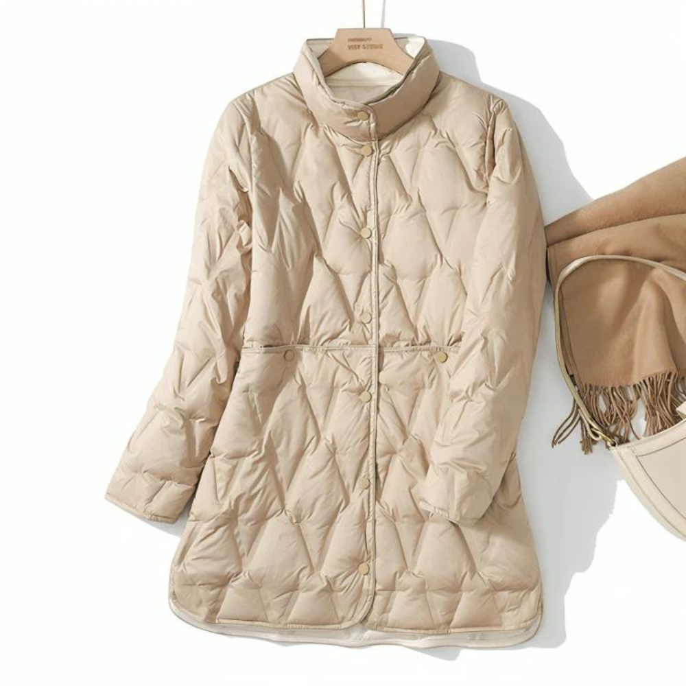 Women's Slim Quilted Down Longline Jacket with Stand Collar - Beige