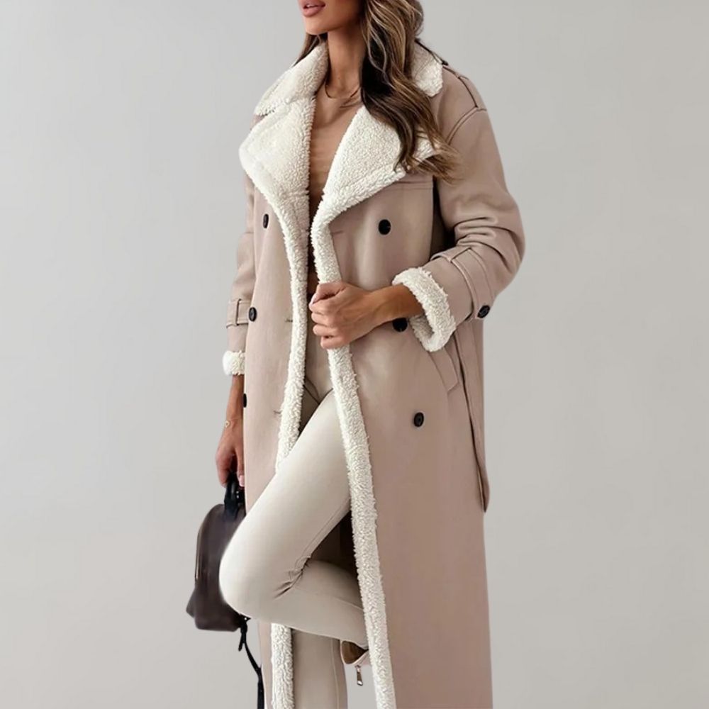 Women's Leather-Look Double-Breasted Coat with Shearling-Style Trim