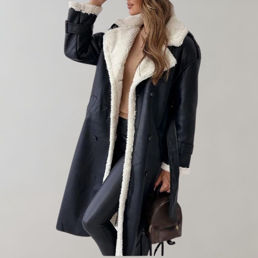Women's Leather-Look Double-Breasted Coat with Shearling-Style Trim