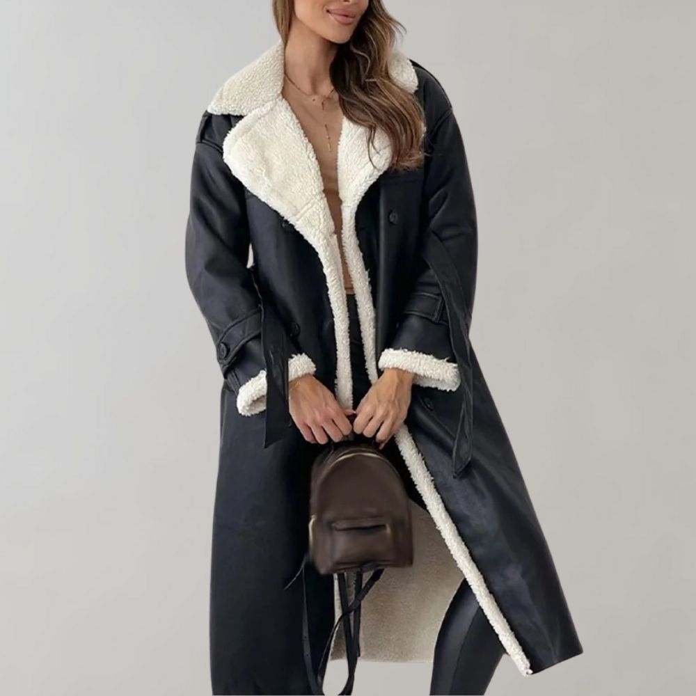 Women's Leather-Look Double-Breasted Coat with Shearling-Style Trim - Black