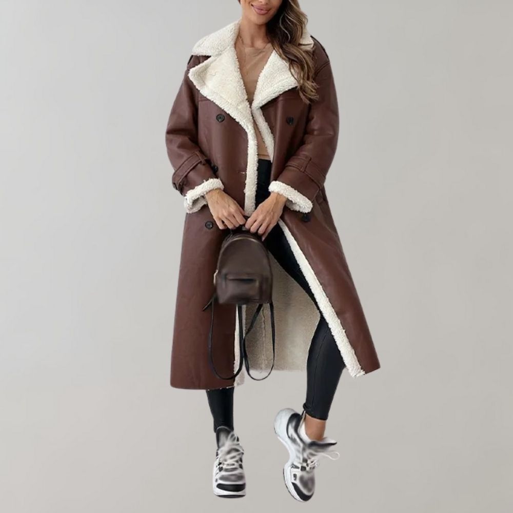Women's Leather-Look Double-Breasted Coat with Shearling-Style Trim