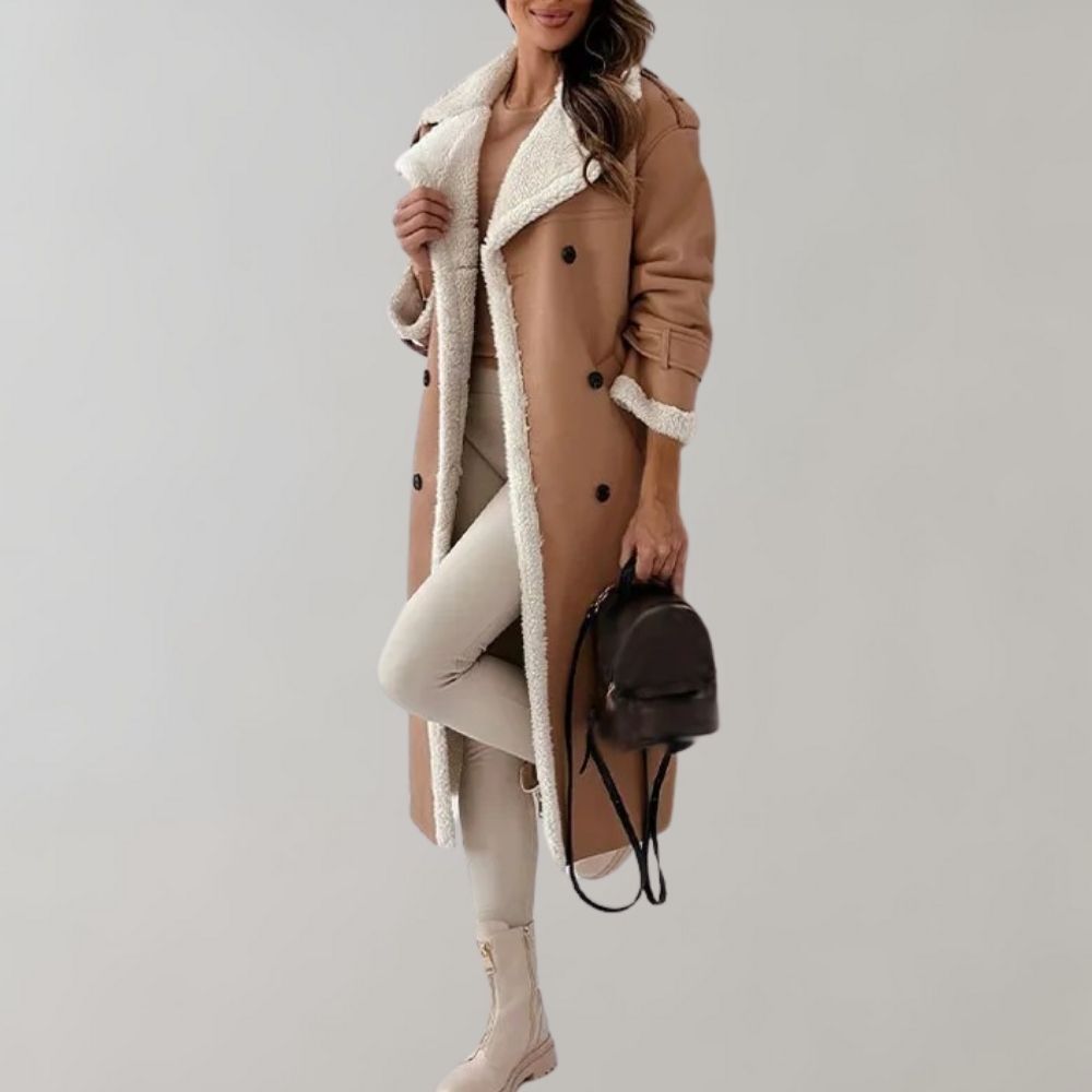 Women's Leather-Look Double-Breasted Coat with Shearling-Style Trim