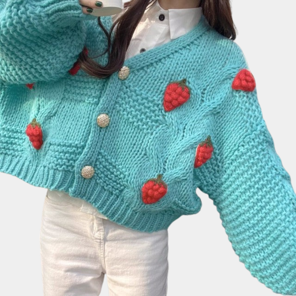 Women's Strawberry Applique Cropped Cardigan with V-Neck - Blue Green