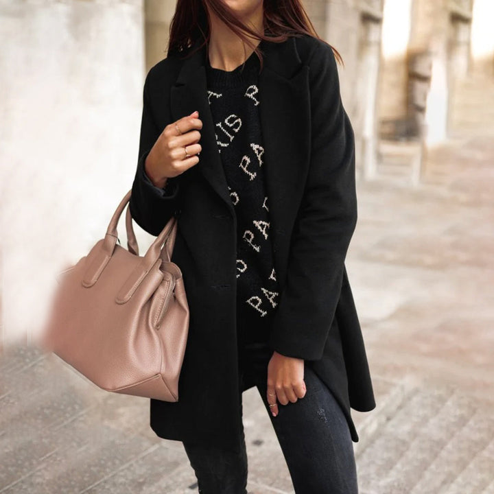 Women's Everyday Wool-Blend Coat with Classic Collar and Buttons - Black