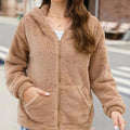 Women's Hooded Teddy Fleece Zip Jacket with Hand-Warmer Pockets - Light Brown