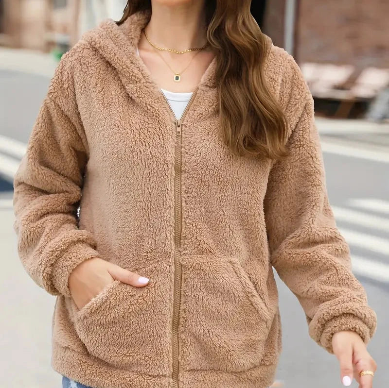 Women's Hooded Teddy Fleece Zip Jacket with Hand-Warmer Pockets - Light Brown