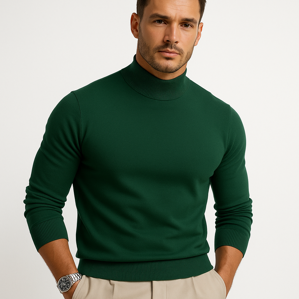 Men's Fitted Soft Knit Turtleneck for Blazer Layering - Green