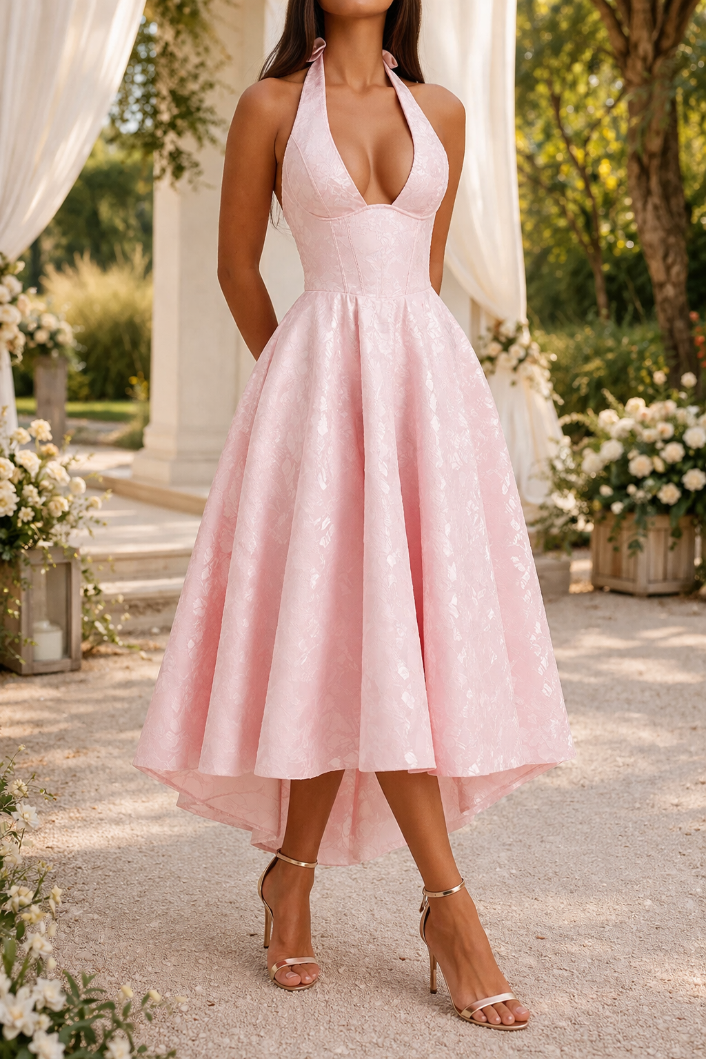 Women's Flared Jacquard Midi Dress for Weddings and Garden Parties - Pink