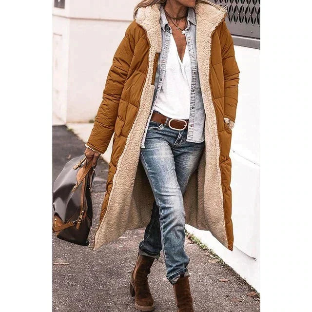 Women's Knee-Length Sherpa Coat with Toggle Front and Hood - Brown