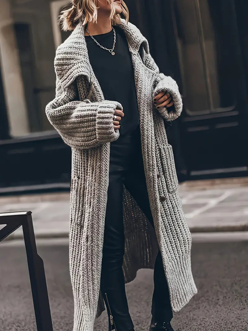 Women's Slouchy Chunky Rib Knit Long Cardigan with Front Pockets - Gray