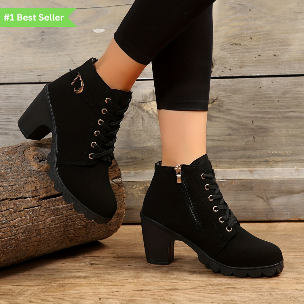 Women's Laced Winter Booties with Buckle Detail and Block Heel