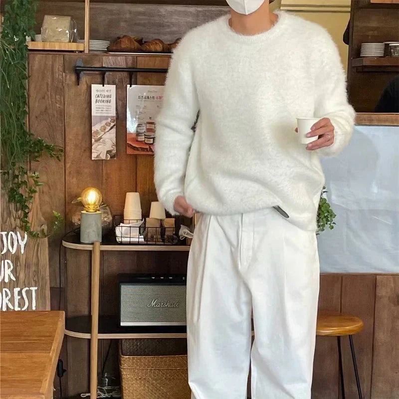 Men's Oversized Fuzzy Knit Sweater with Drop Shoulders
