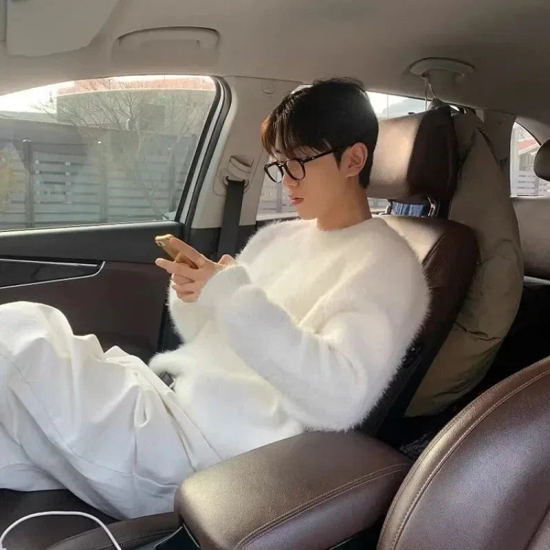 Men's Oversized Fuzzy Knit Sweater with Drop Shoulders