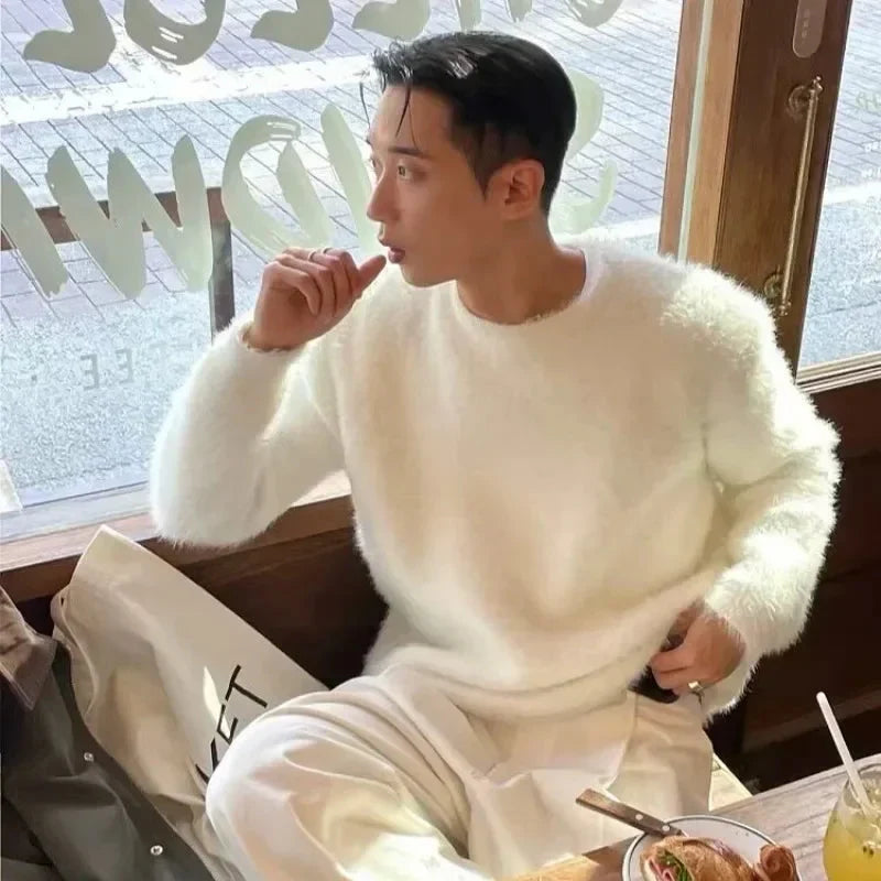 Men's Oversized Fuzzy Knit Sweater with Drop Shoulders - Cream