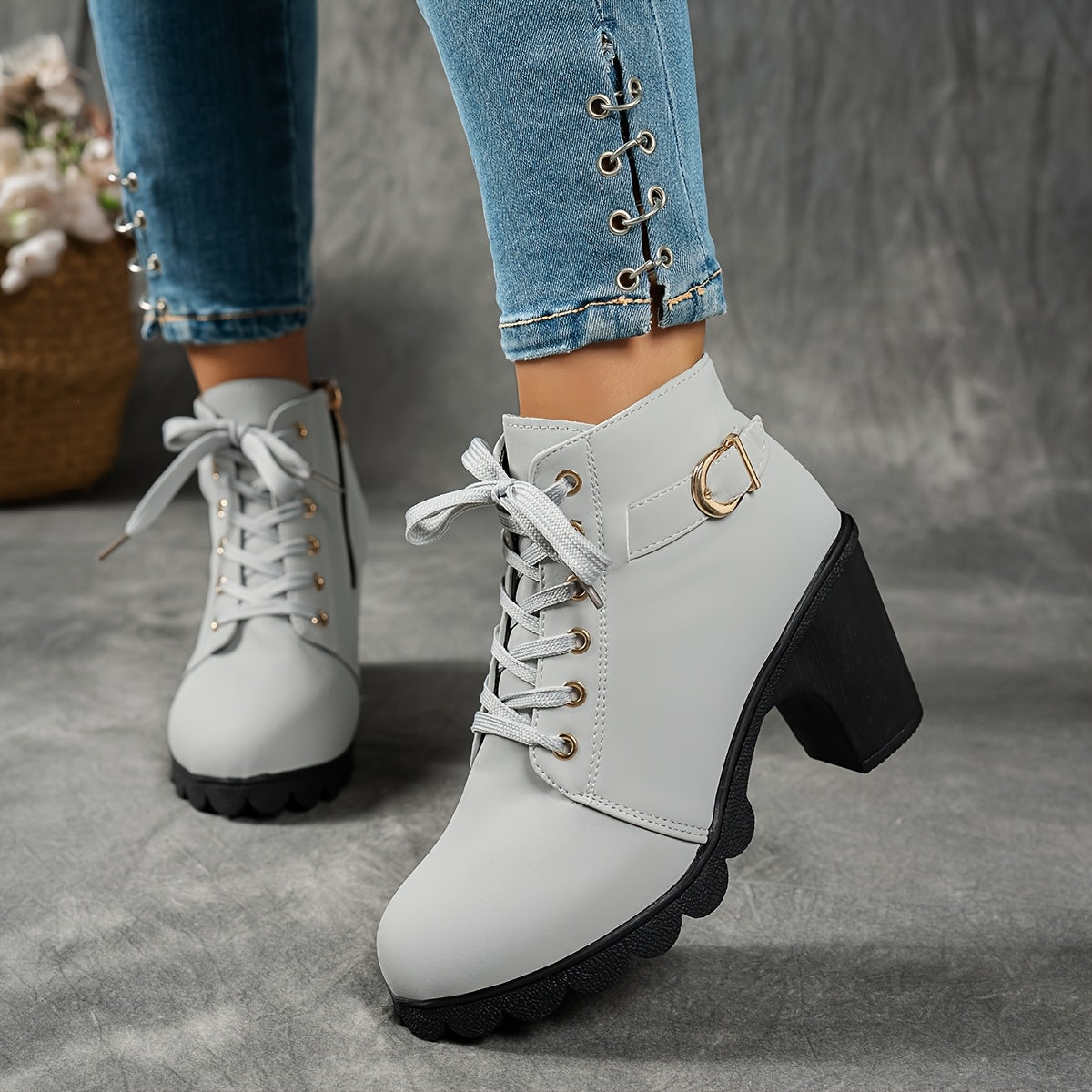 Women's Treaded Platform Lace-Up Booties with Buckle Accent