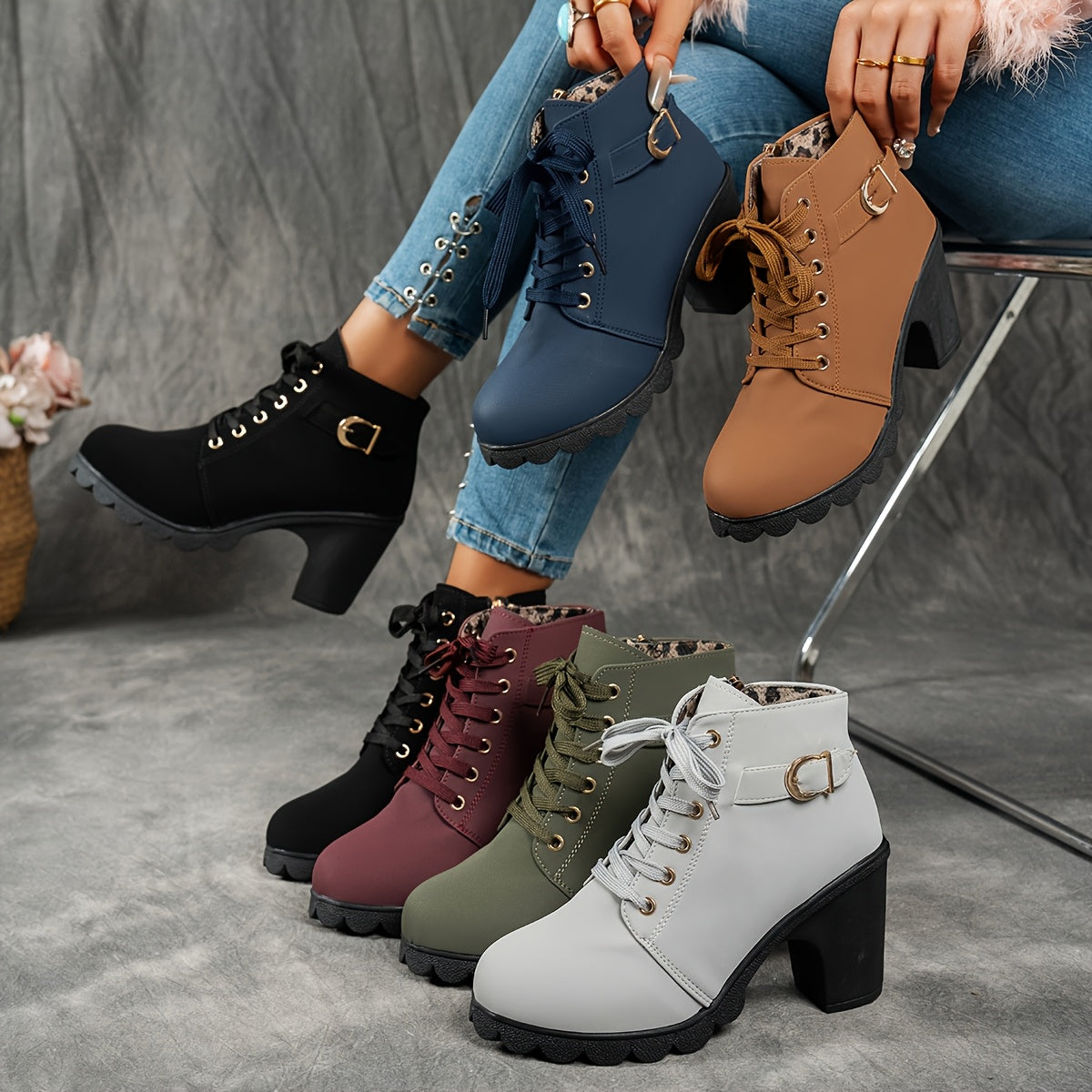 Women's Treaded Platform Lace-Up Booties with Buckle Accent