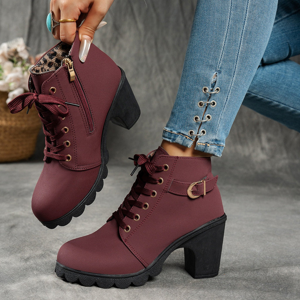Women's Treaded Platform Lace-Up Booties with Buckle Accent