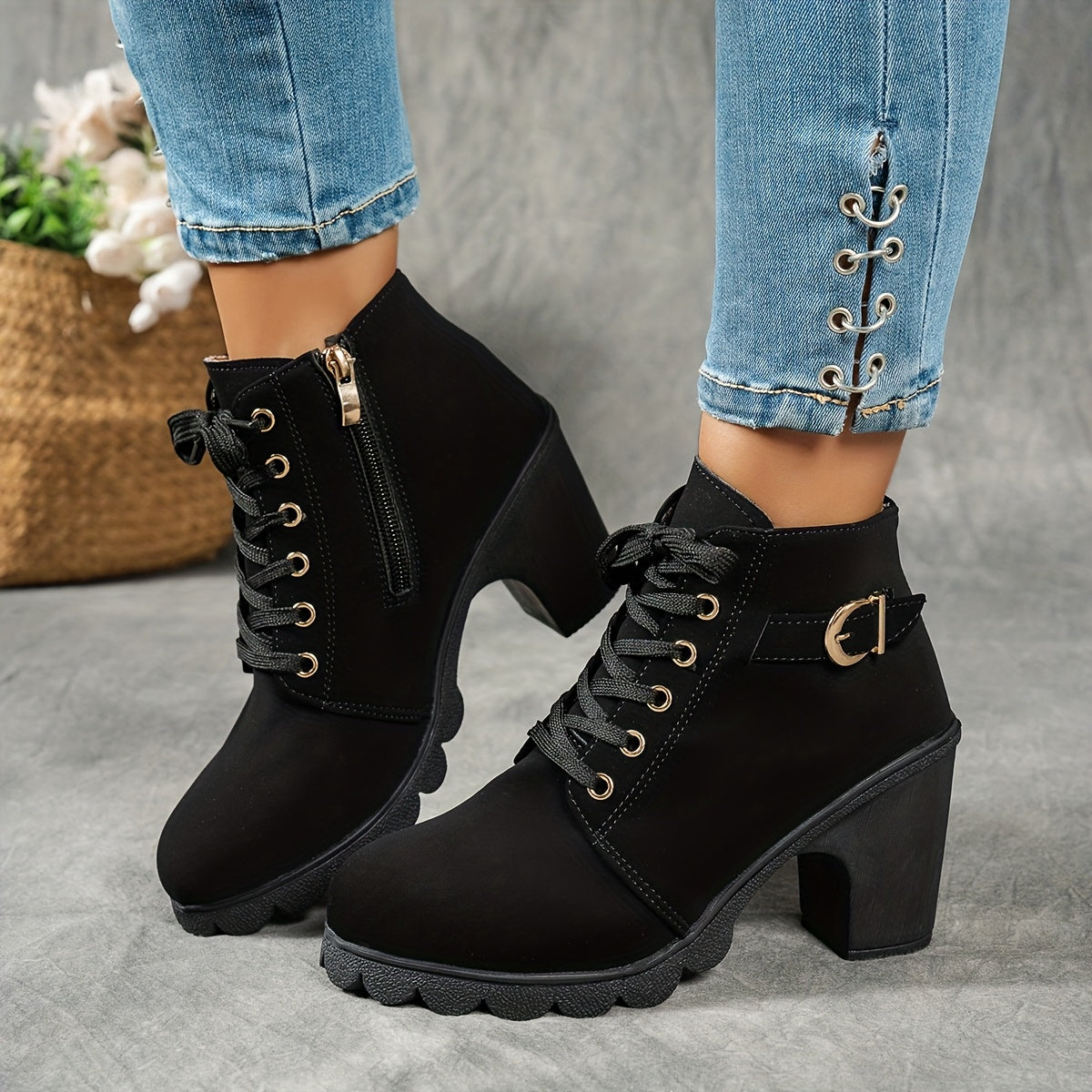 Women's Treaded Platform Lace-Up Booties with Buckle Accent