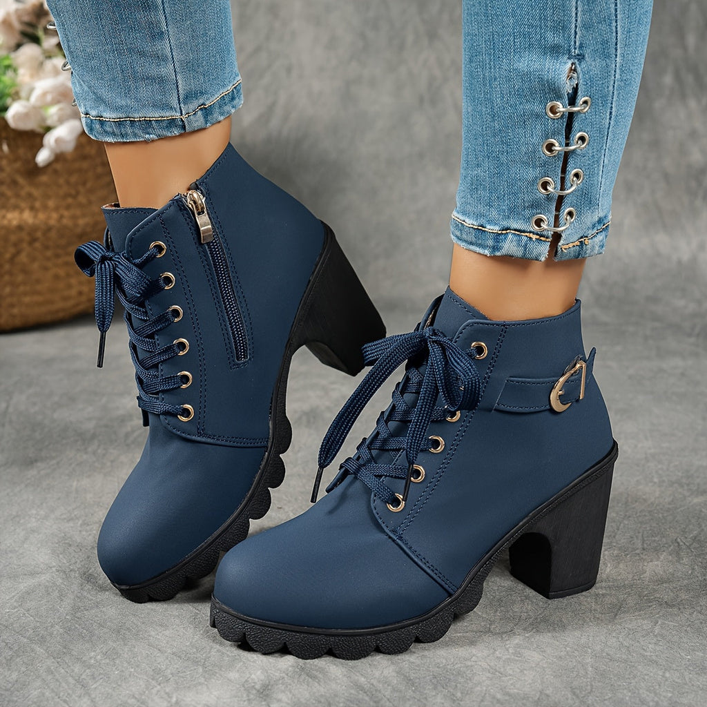 Women's Treaded Platform Lace-Up Booties with Buckle Accent