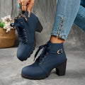 Women's Treaded Platform Lace-Up Booties with Buckle Accent - Blue