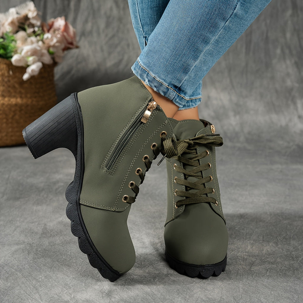 Women's Treaded Platform Lace-Up Booties with Buckle Accent