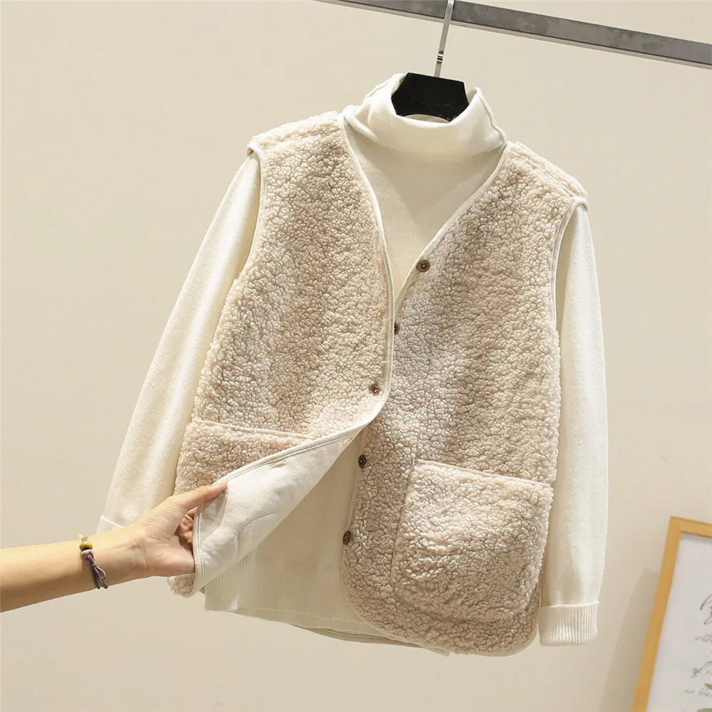 Women's Relaxed Teddy Layering Vest with Buttons and Patch Pockets - Beige
