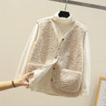 Women's Relaxed Teddy Layering Vest with Buttons and Patch Pockets - Beige